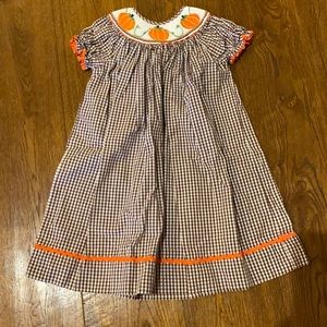 Smocked Dress, Size 4T, brown & white checkered w/orange trim, smocked pumpkins